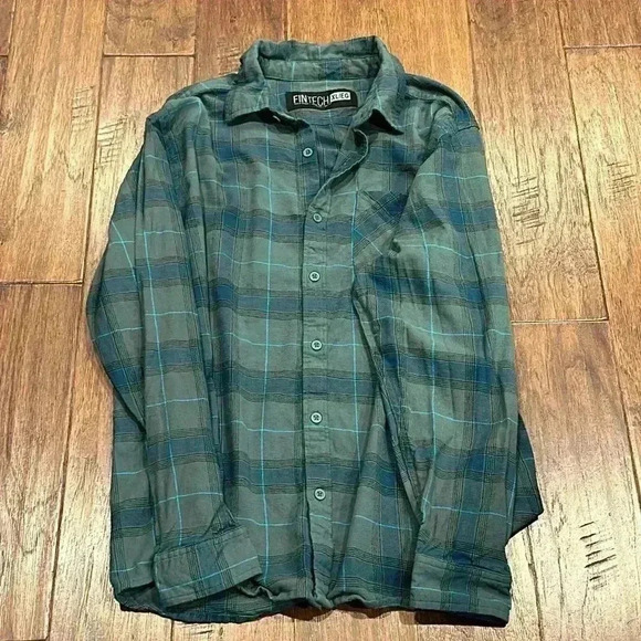 XL FINTECH Blue / Dark Green Checkered Button Down Shirt - Picture 2 of 8